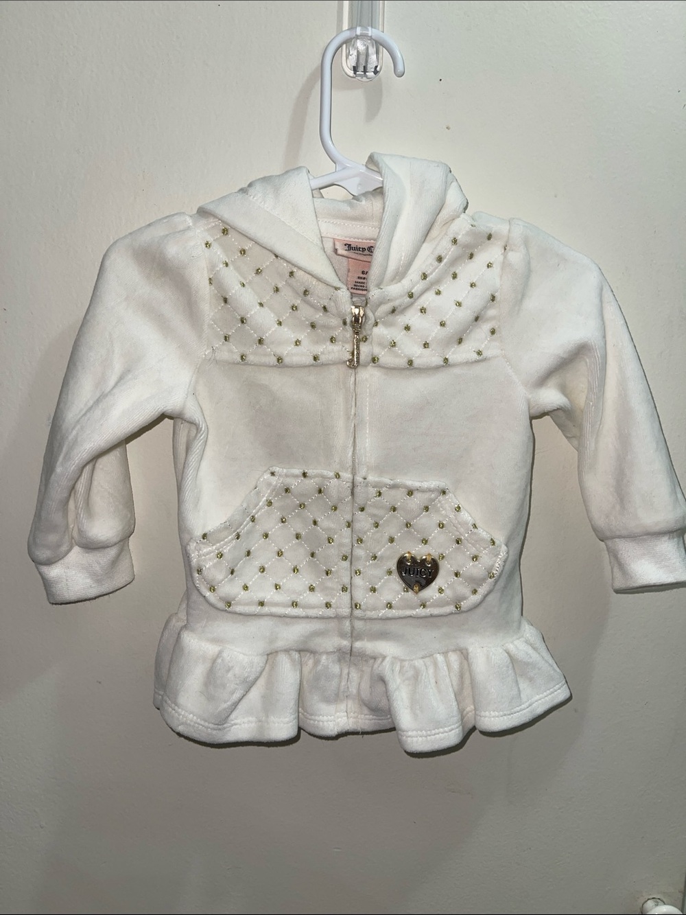 Juicy Couture White Quilted Hoodie with Gold Stud Accents Sz 6/9M